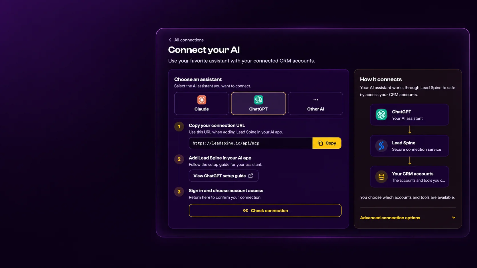 Lead Spine screen for connecting an AI assistant