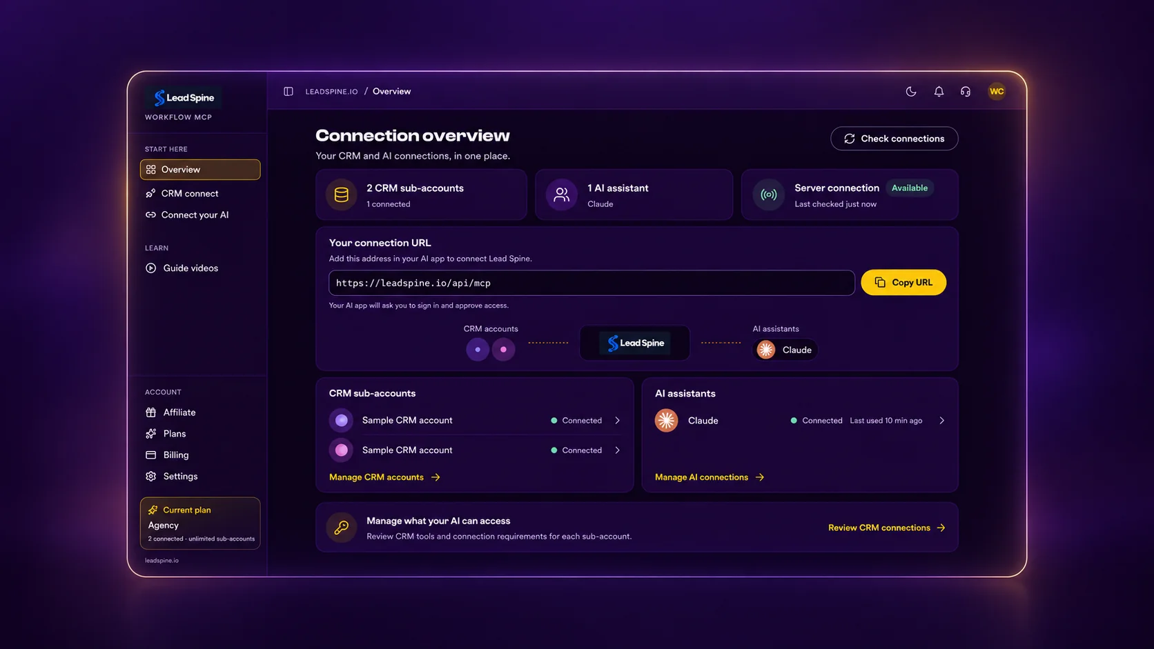 Lead Spine connected sub-account overview