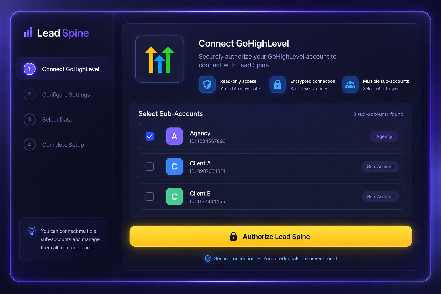 Connecting a CRM sub-account in Lead Spine