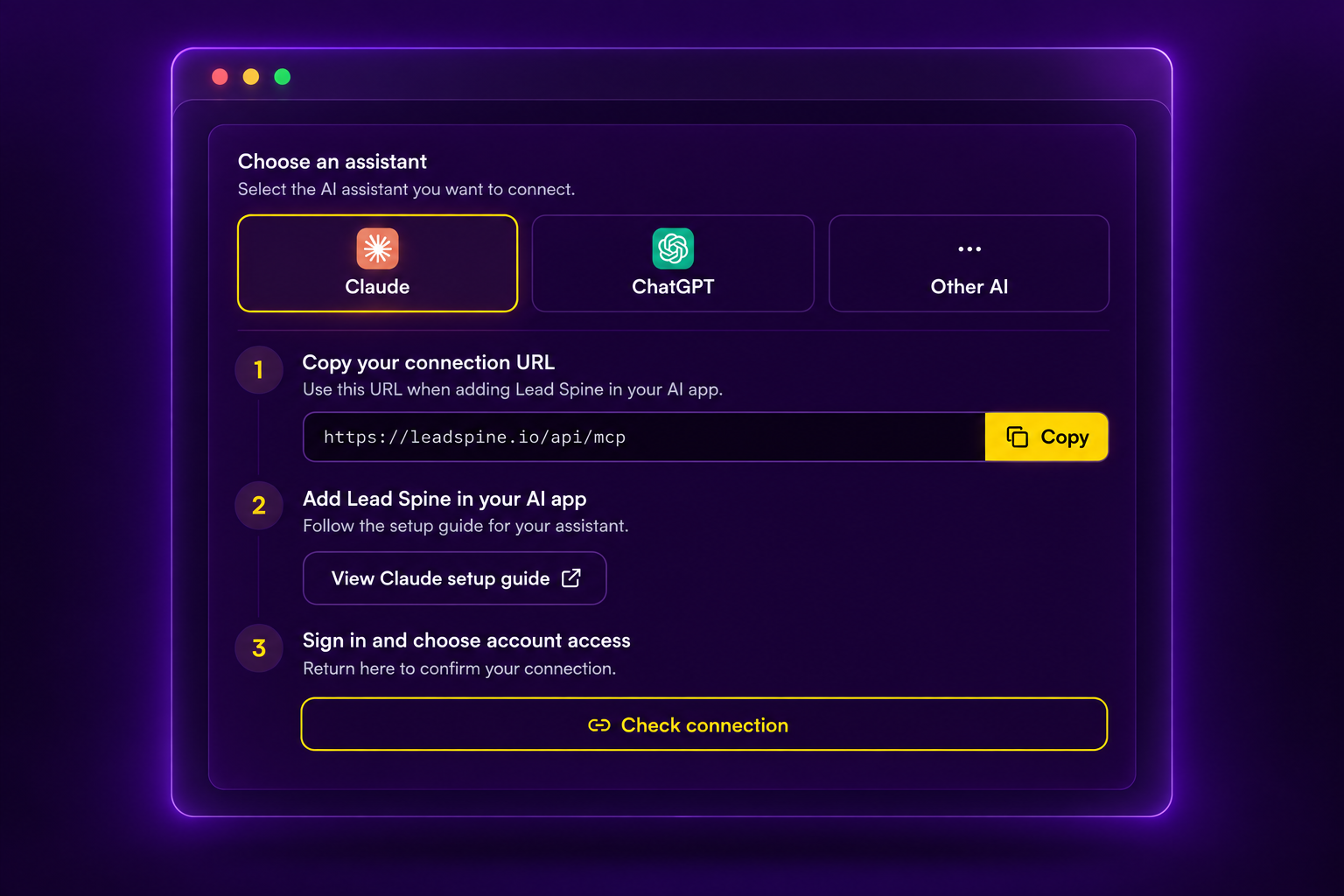 Lead Spine screen for connecting an AI assistant