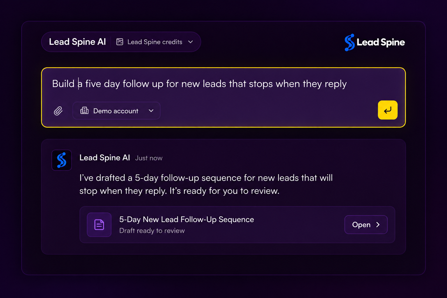 Lead Spine AI drafting a workflow from a chat message