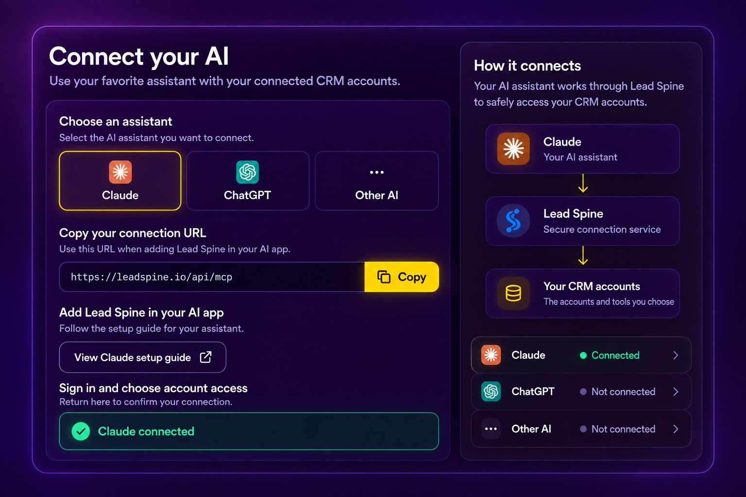 Choosing an AI assistant and copying the Lead Spine connection URL